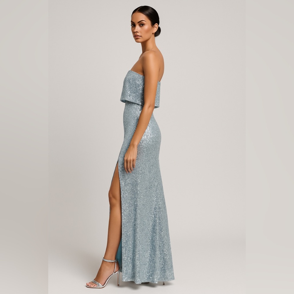 Aqua Silver Sequin Strapless Gown Size 4 NWT Slit Prom GALA Dress Formal Evening - Picture 2 of 4